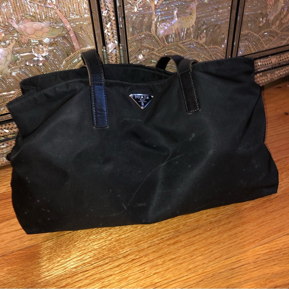 Authentic PRADA Vintage Nylon Tessuto Leather Shoulder Bag - Black